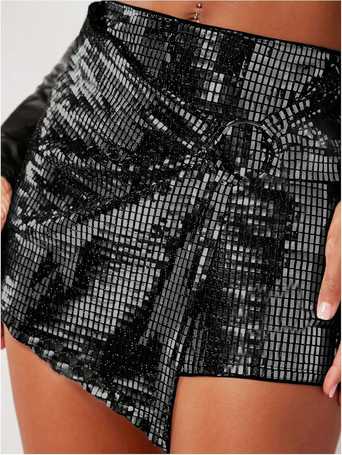 MakeMeChic Women's Sequin Skort Metallic Ring Linked Wrap Front Y2K Rave Sparkly Shorts Skorts