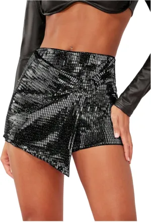 MakeMeChic Women's Sequin Skort Metallic Ring Linked Wrap Front Y2K Rave Sparkly Shorts Skorts