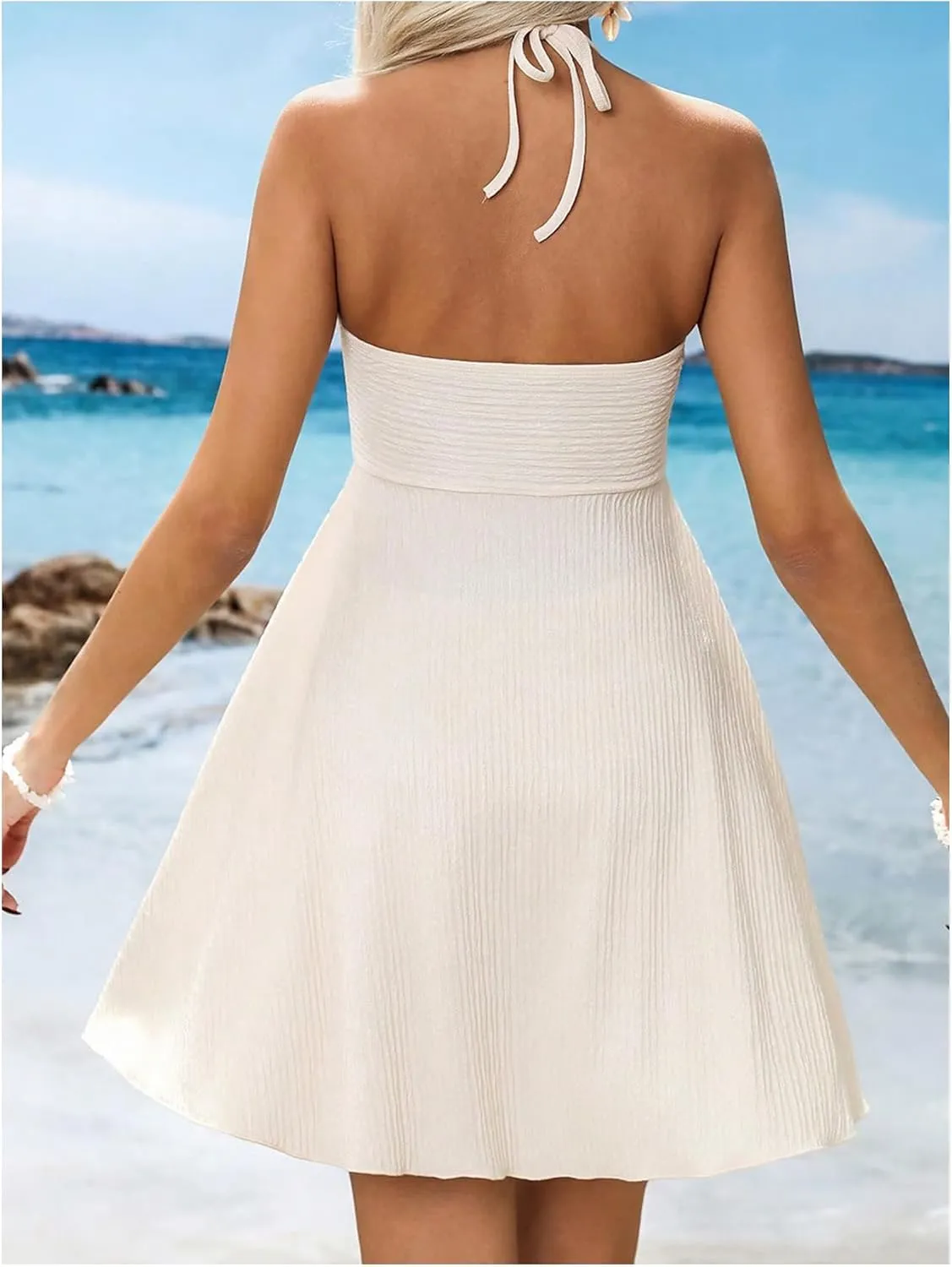 MakeMeChic Women's Summer Halter Dress Cut Out Tie Backless Criss Cross Flowy Short Dresses Sundress