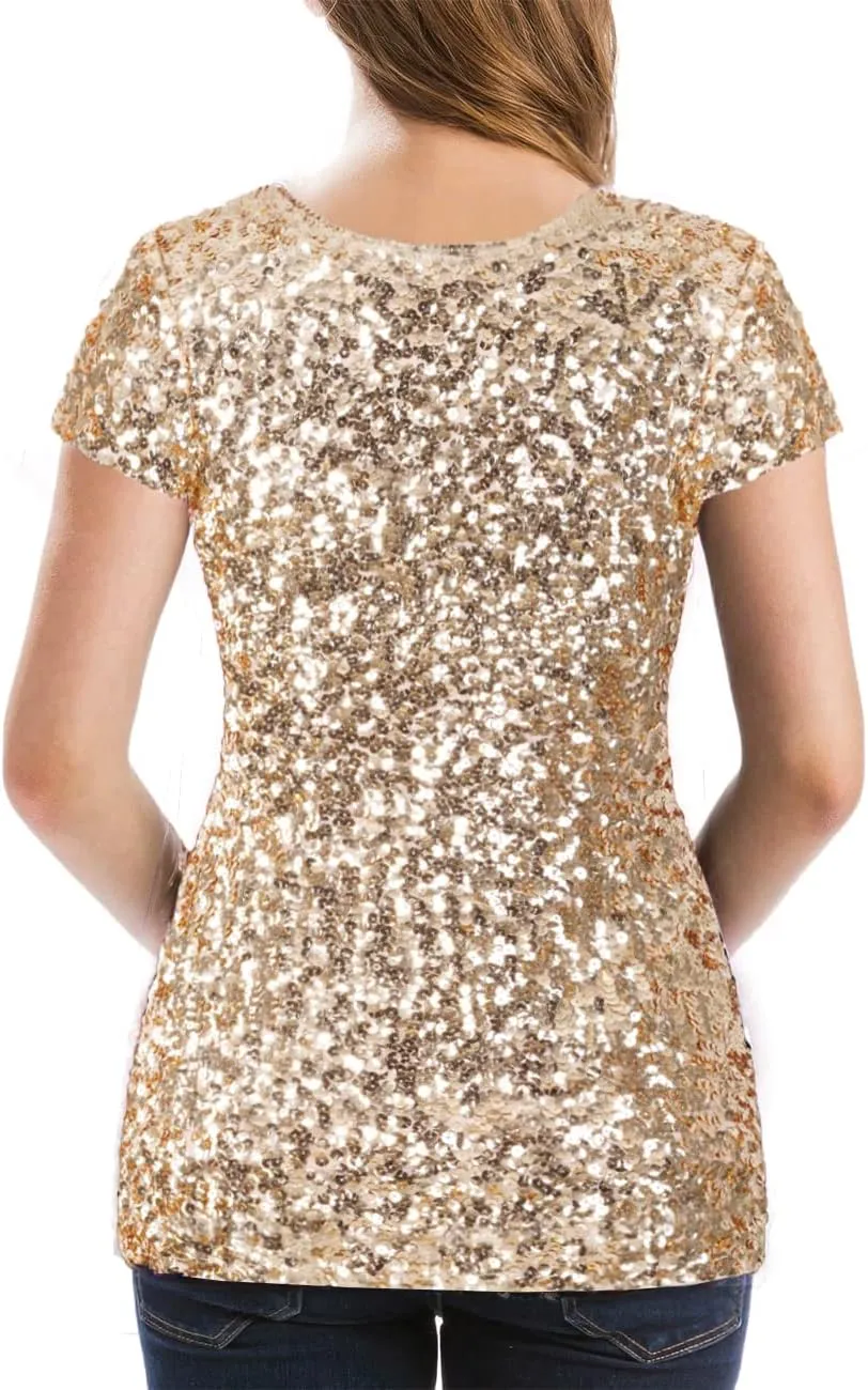 MANER Womens Full Sequin Tops Glitter Party Shirt Short Sleeve Sparkle Blouses S-4X