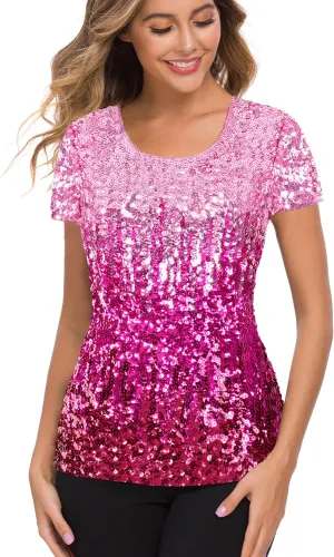 MANER Womens Full Sequin Tops Glitter Party Shirt Short Sleeve Sparkle Blouses S-4X
