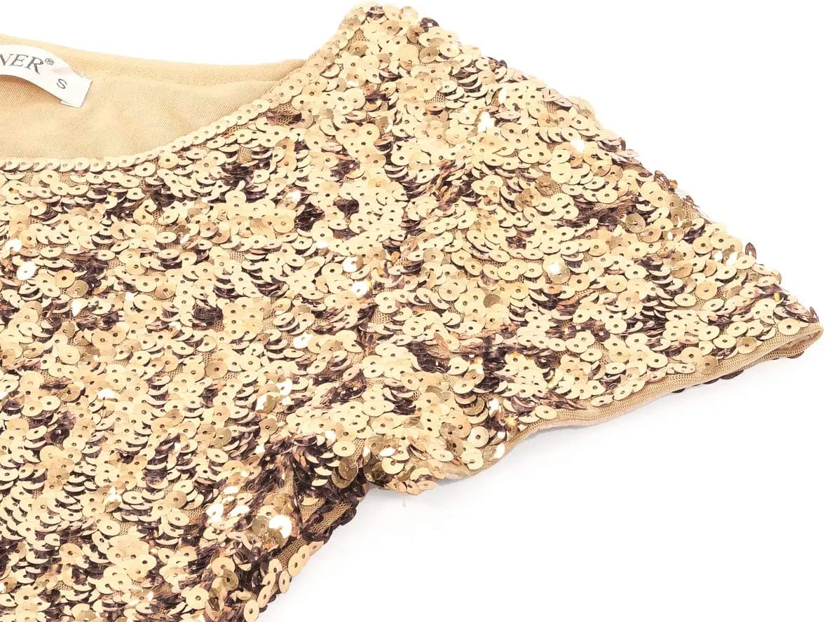 MANER Womens Full Sequin Tops Glitter Party Shirt Short Sleeve Sparkle Blouses S-4X