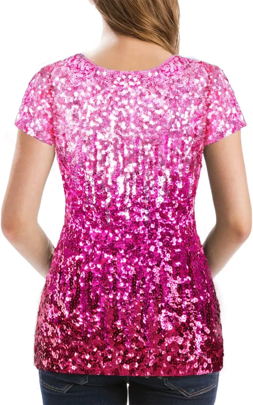 MANER Womens Full Sequin Tops Glitter Party Shirt Short Sleeve Sparkle Blouses S-4X