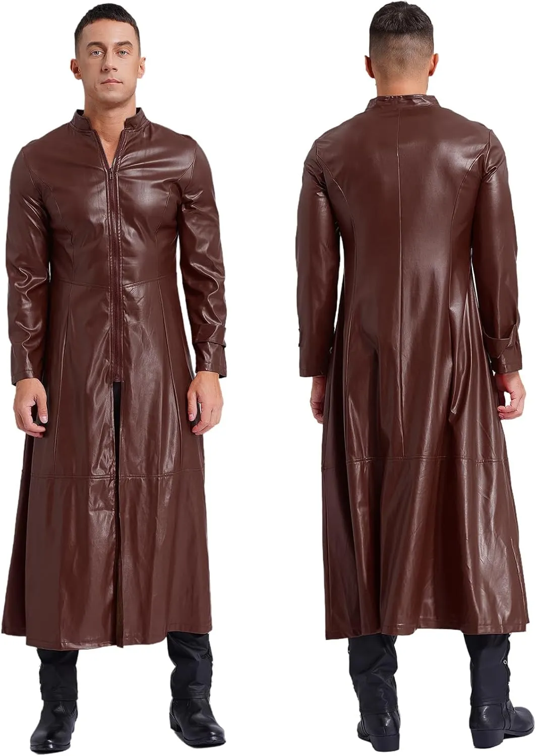 Man's Shiny Metallic Leather Trench Coat Long Jacket Steampunk Gothic Overcoat Clubwear