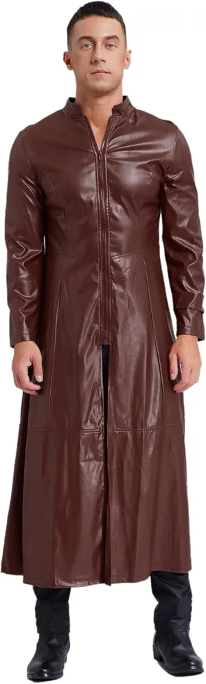 Man's Shiny Metallic Leather Trench Coat Long Jacket Steampunk Gothic Overcoat Clubwear