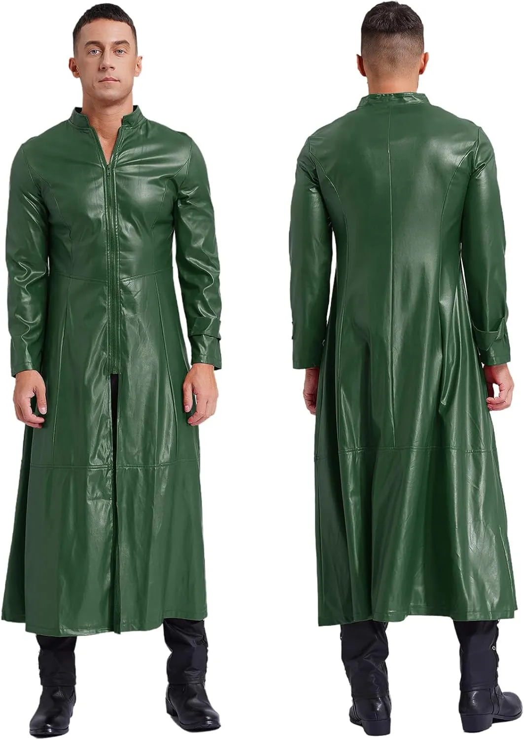 Man's Shiny Metallic Leather Trench Coat Long Jacket Steampunk Gothic Overcoat Clubwear