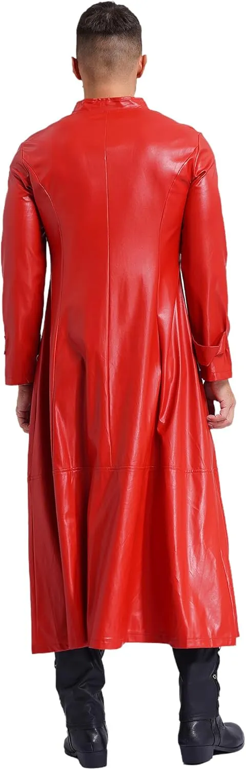 Man's Shiny Metallic Leather Trench Coat Long Jacket Steampunk Gothic Overcoat Clubwear
