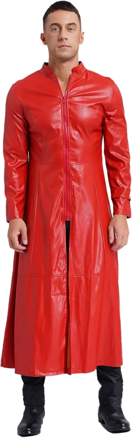 Man's Shiny Metallic Leather Trench Coat Long Jacket Steampunk Gothic Overcoat Clubwear