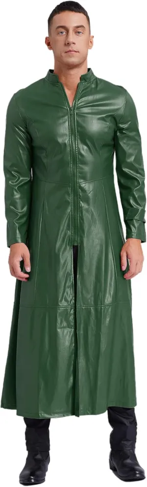 Man's Shiny Metallic Leather Trench Coat Long Jacket Steampunk Gothic Overcoat Clubwear