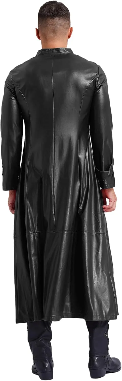 Man's Shiny Metallic Leather Trench Coat Long Jacket Steampunk Gothic Overcoat Clubwear