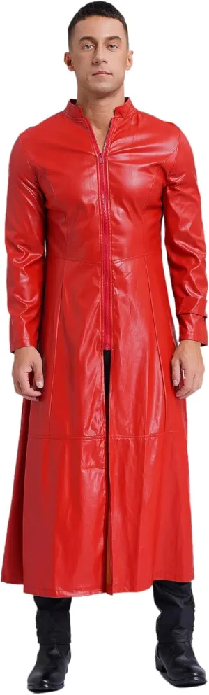 Man's Shiny Metallic Leather Trench Coat Long Jacket Steampunk Gothic Overcoat Clubwear