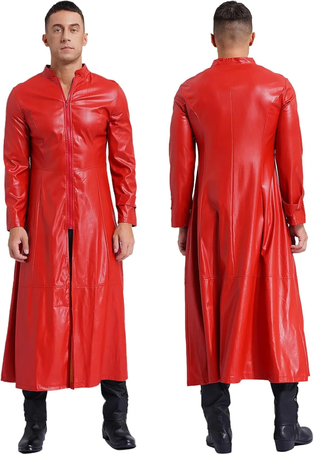 Man's Shiny Metallic Leather Trench Coat Long Jacket Steampunk Gothic Overcoat Clubwear