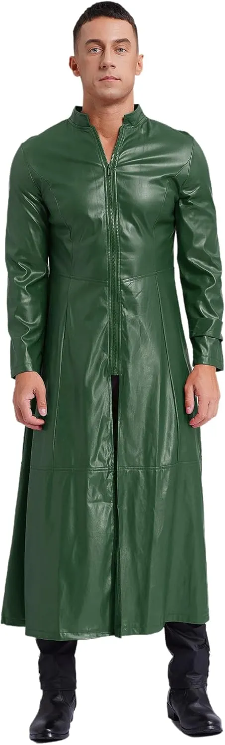 Man's Shiny Metallic Leather Trench Coat Long Jacket Steampunk Gothic Overcoat Clubwear