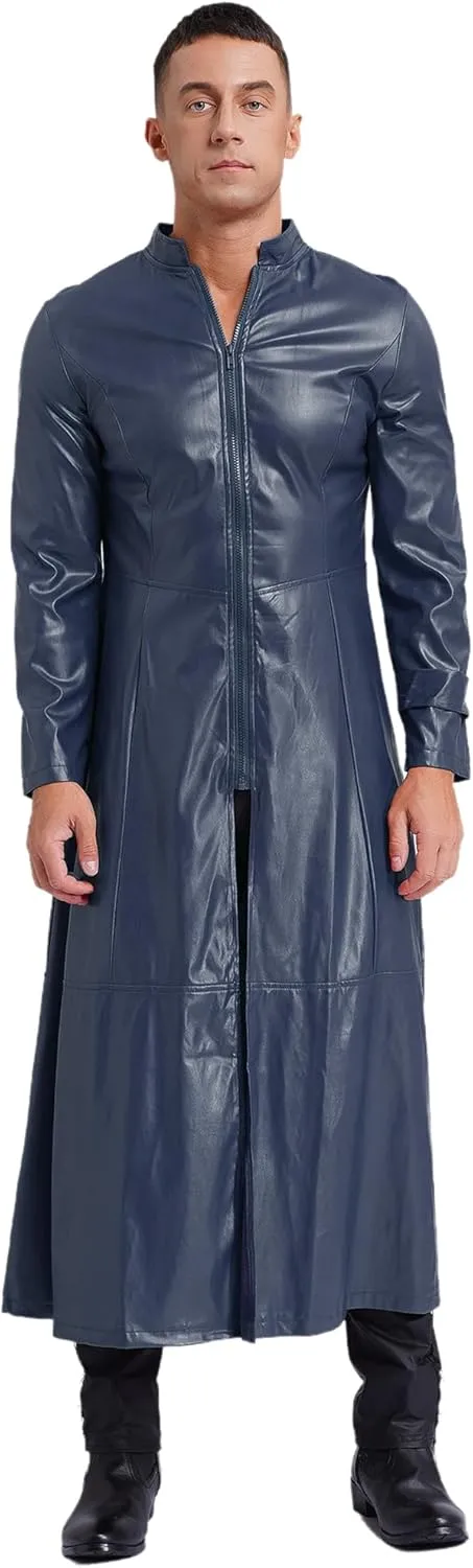 Man's Shiny Metallic Leather Trench Coat Long Jacket Steampunk Gothic Overcoat Clubwear