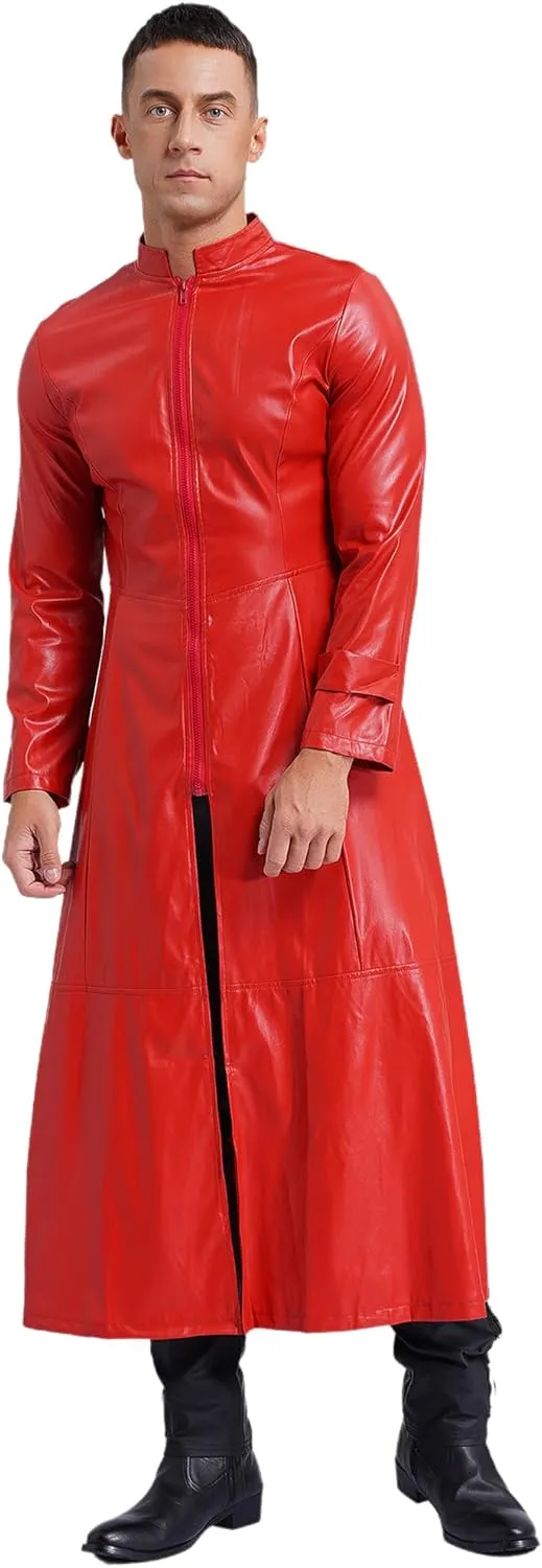Man's Shiny Metallic Leather Trench Coat Long Jacket Steampunk Gothic Overcoat Clubwear