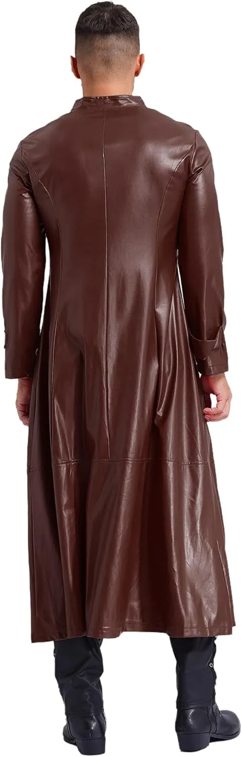 Man's Shiny Metallic Leather Trench Coat Long Jacket Steampunk Gothic Overcoat Clubwear