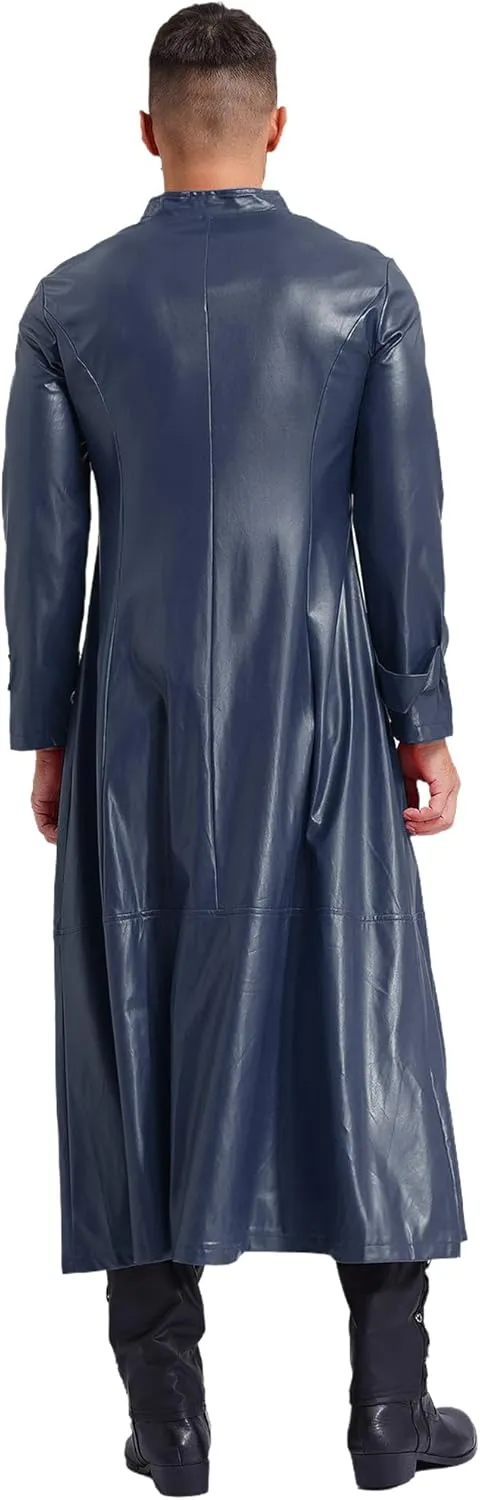 Man's Shiny Metallic Leather Trench Coat Long Jacket Steampunk Gothic Overcoat Clubwear
