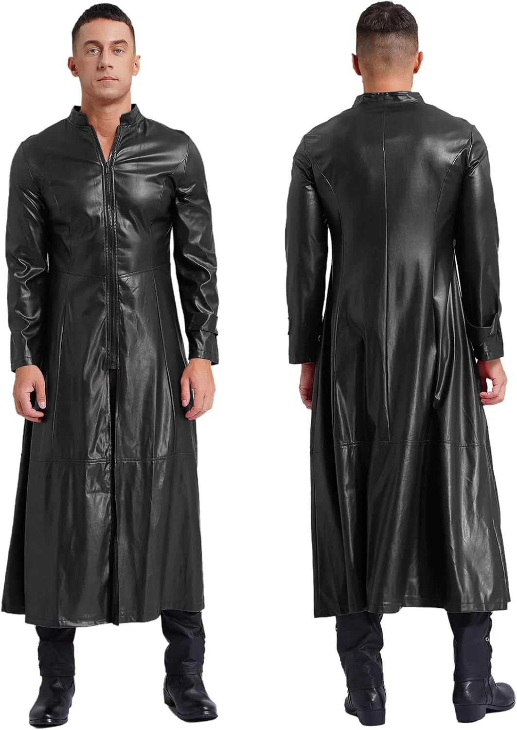 Man's Shiny Metallic Leather Trench Coat Long Jacket Steampunk Gothic Overcoat Clubwear