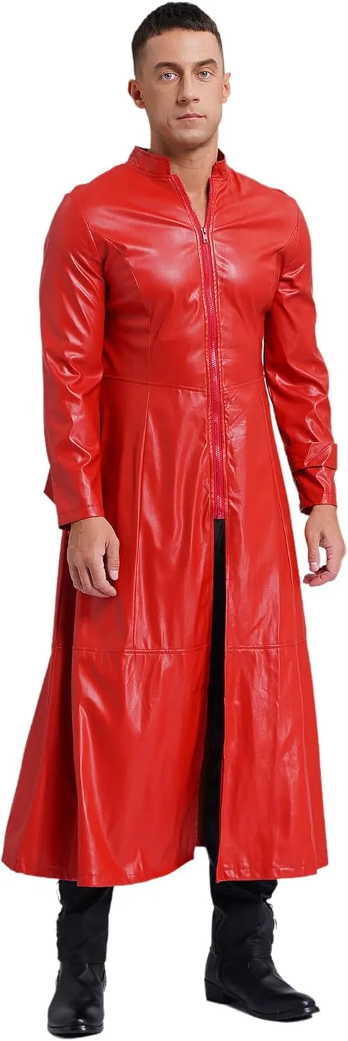 Man's Shiny Metallic Leather Trench Coat Long Jacket Steampunk Gothic Overcoat Clubwear