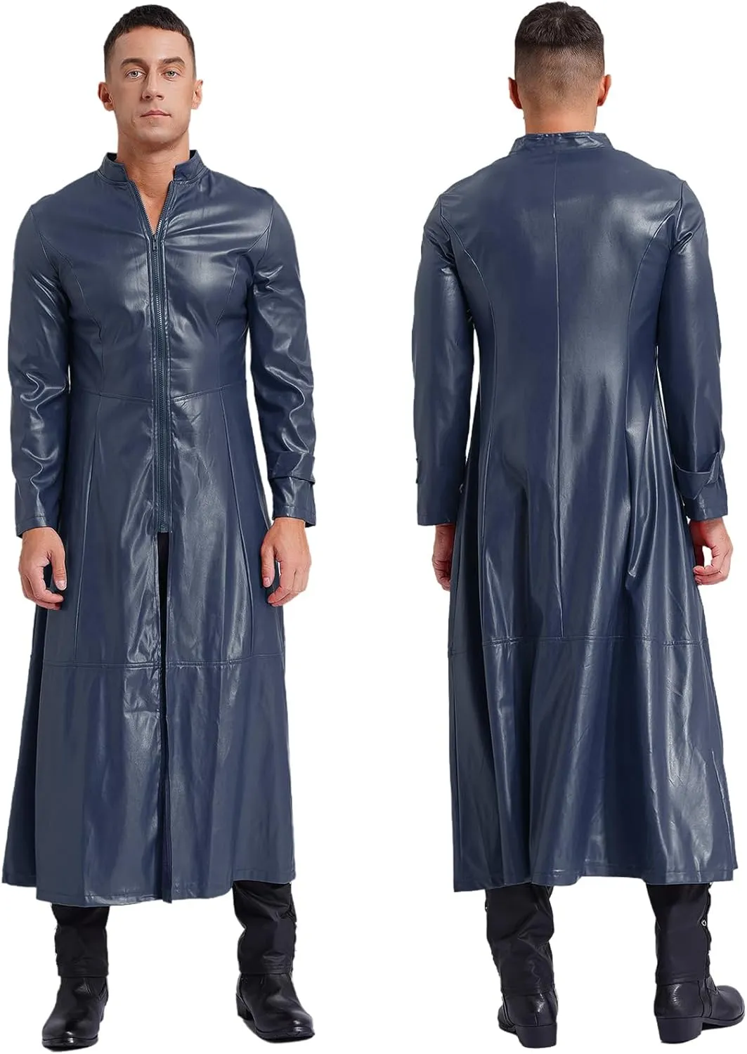 Man's Shiny Metallic Leather Trench Coat Long Jacket Steampunk Gothic Overcoat Clubwear