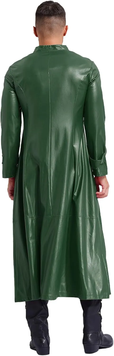 Man's Shiny Metallic Leather Trench Coat Long Jacket Steampunk Gothic Overcoat Clubwear