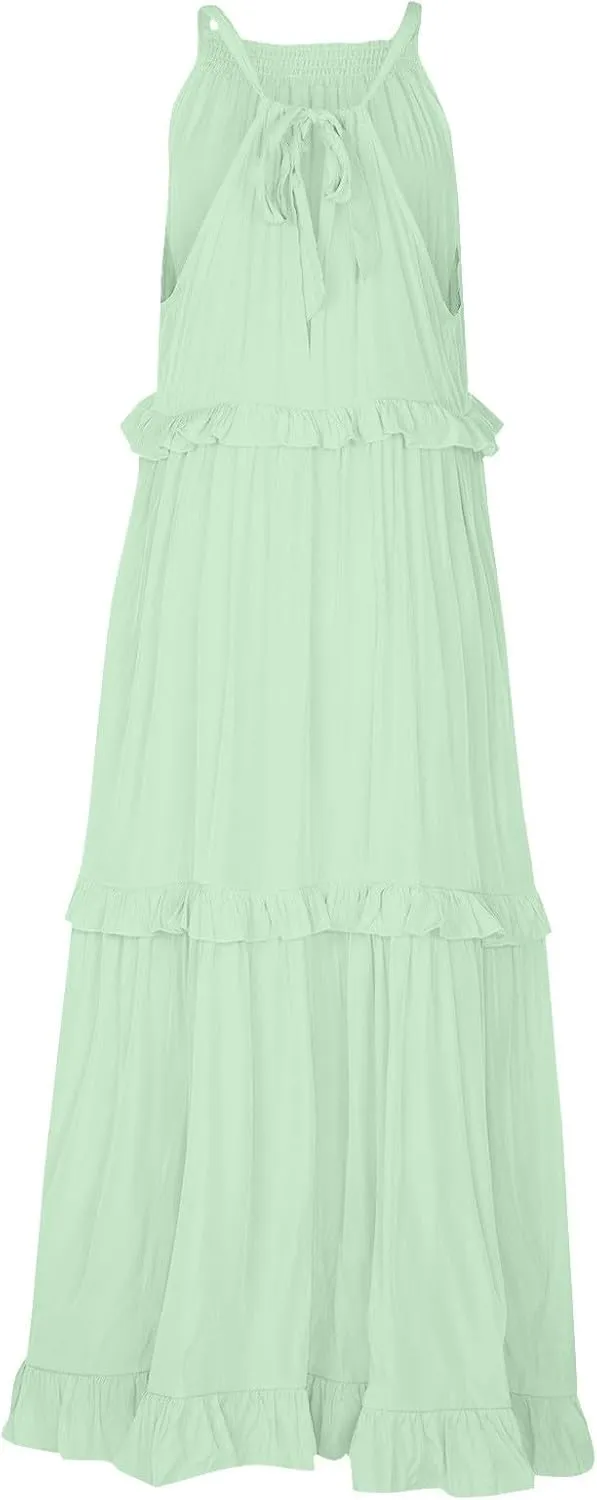 Maxi Dresses for Women 2025 Summer Sleeveless Halter Long Dress Loose Tiered Flowy Swing Smocked Ruffle Beach Dress