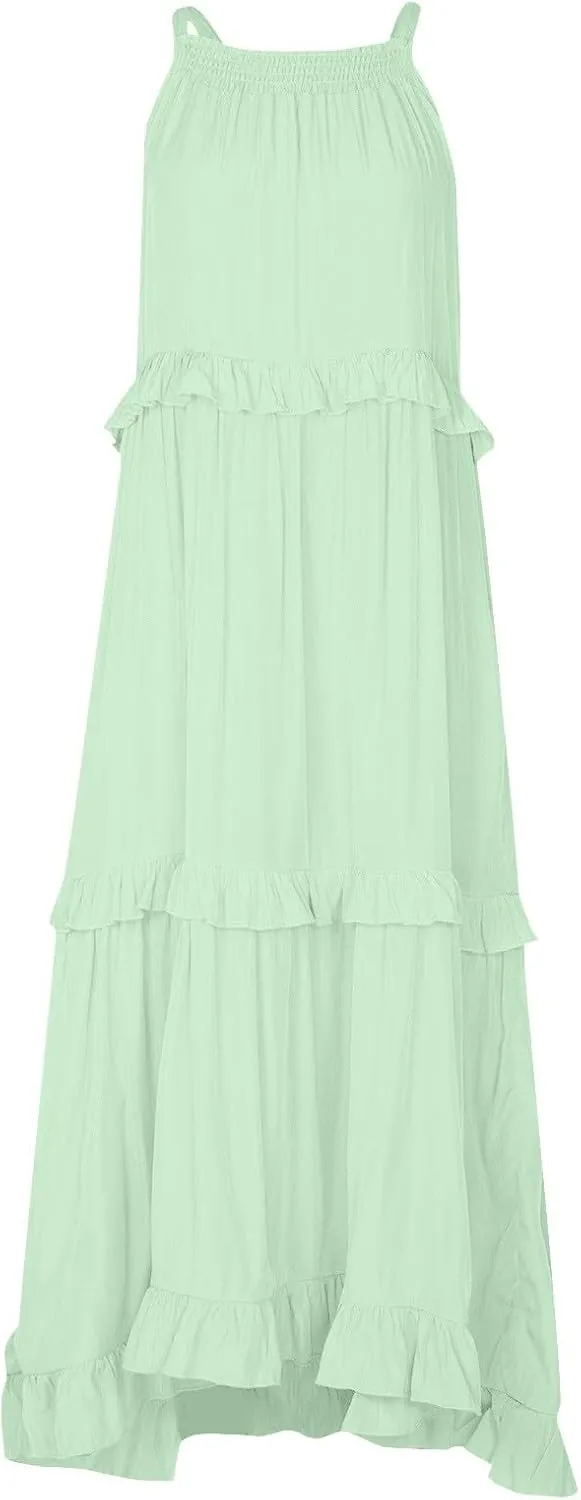 Maxi Dresses for Women 2025 Summer Sleeveless Halter Long Dress Loose Tiered Flowy Swing Smocked Ruffle Beach Dress