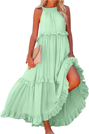 Maxi Dresses for Women 2025 Summer Sleeveless Halter Long Dress Loose Tiered Flowy Swing Smocked Ruffle Beach Dress
