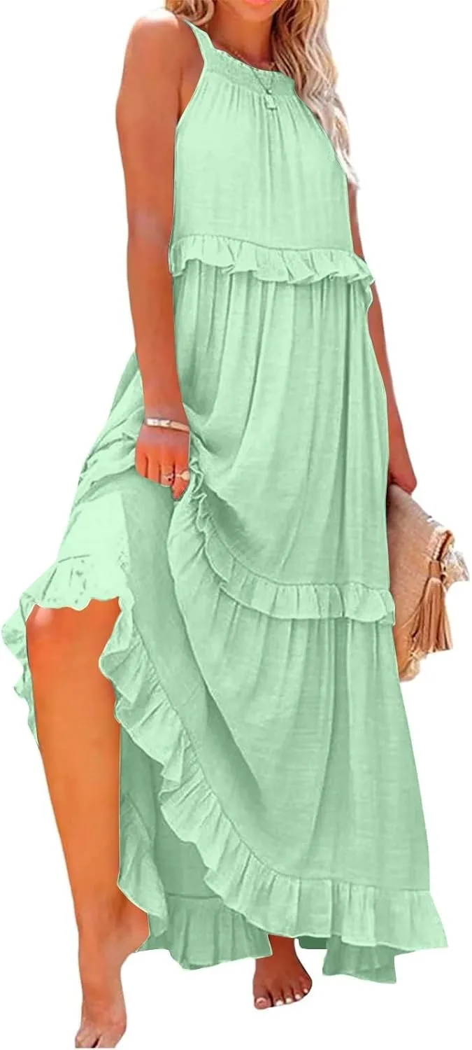 Maxi Dresses for Women 2025 Summer Sleeveless Halter Long Dress Loose Tiered Flowy Swing Smocked Ruffle Beach Dress