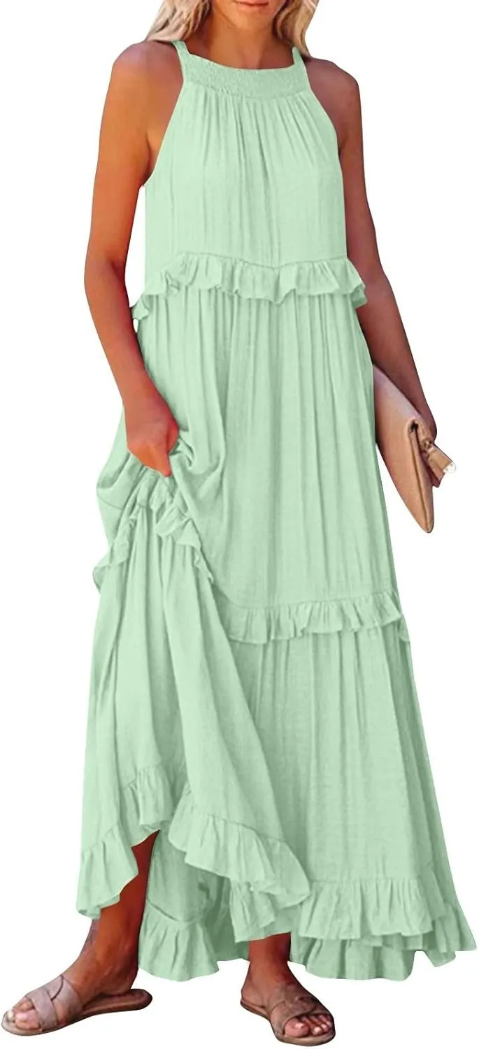 Maxi Dresses for Women 2025 Summer Sleeveless Halter Long Dress Loose Tiered Flowy Swing Smocked Ruffle Beach Dress