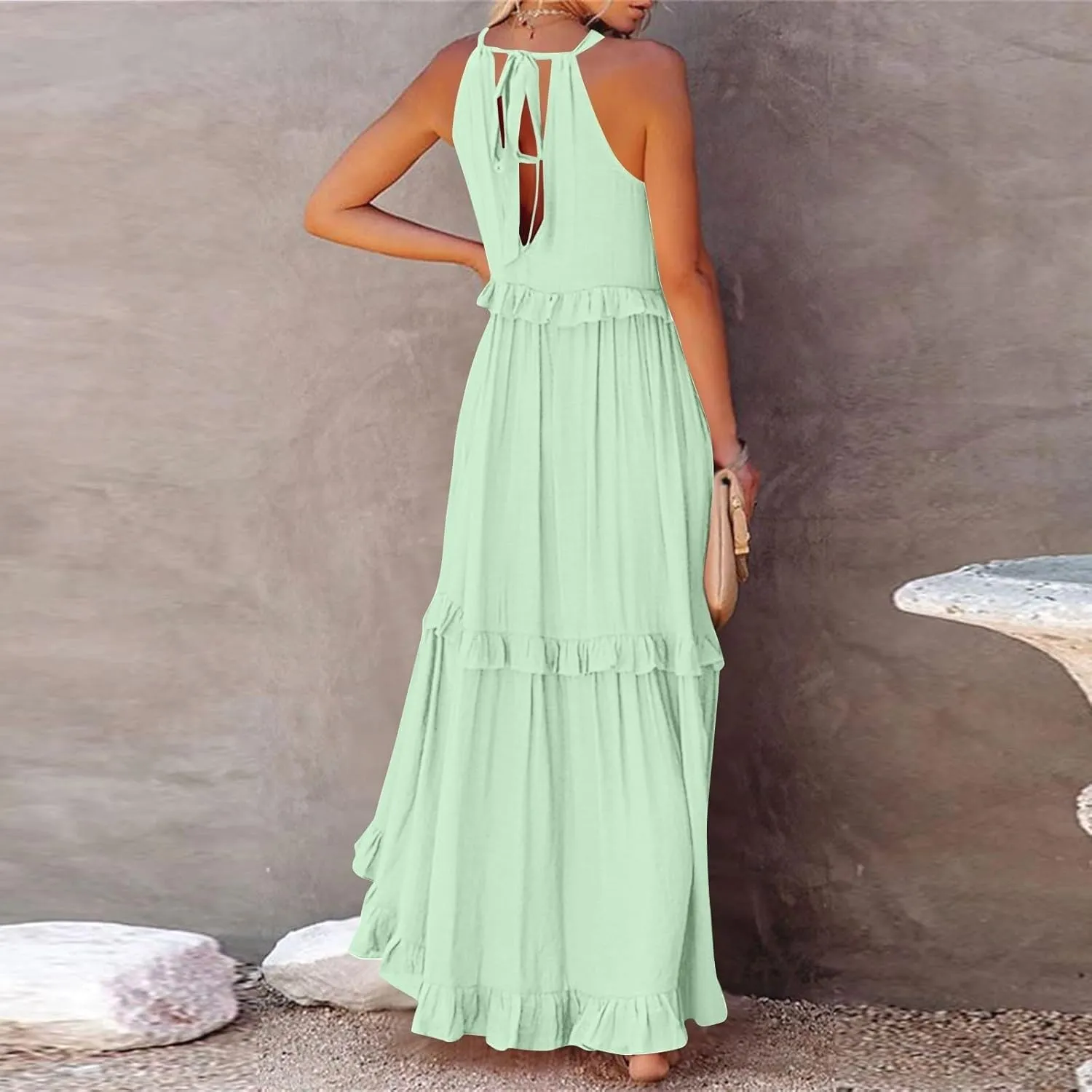 Maxi Dresses for Women 2025 Summer Sleeveless Halter Long Dress Loose Tiered Flowy Swing Smocked Ruffle Beach Dress