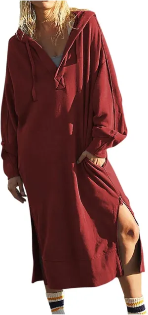 Maxi Sweatshirts for Women Fall Calf Length Oversized Hoodies Zipper Side Slit Long Sweatshirt Dresses with Pockets