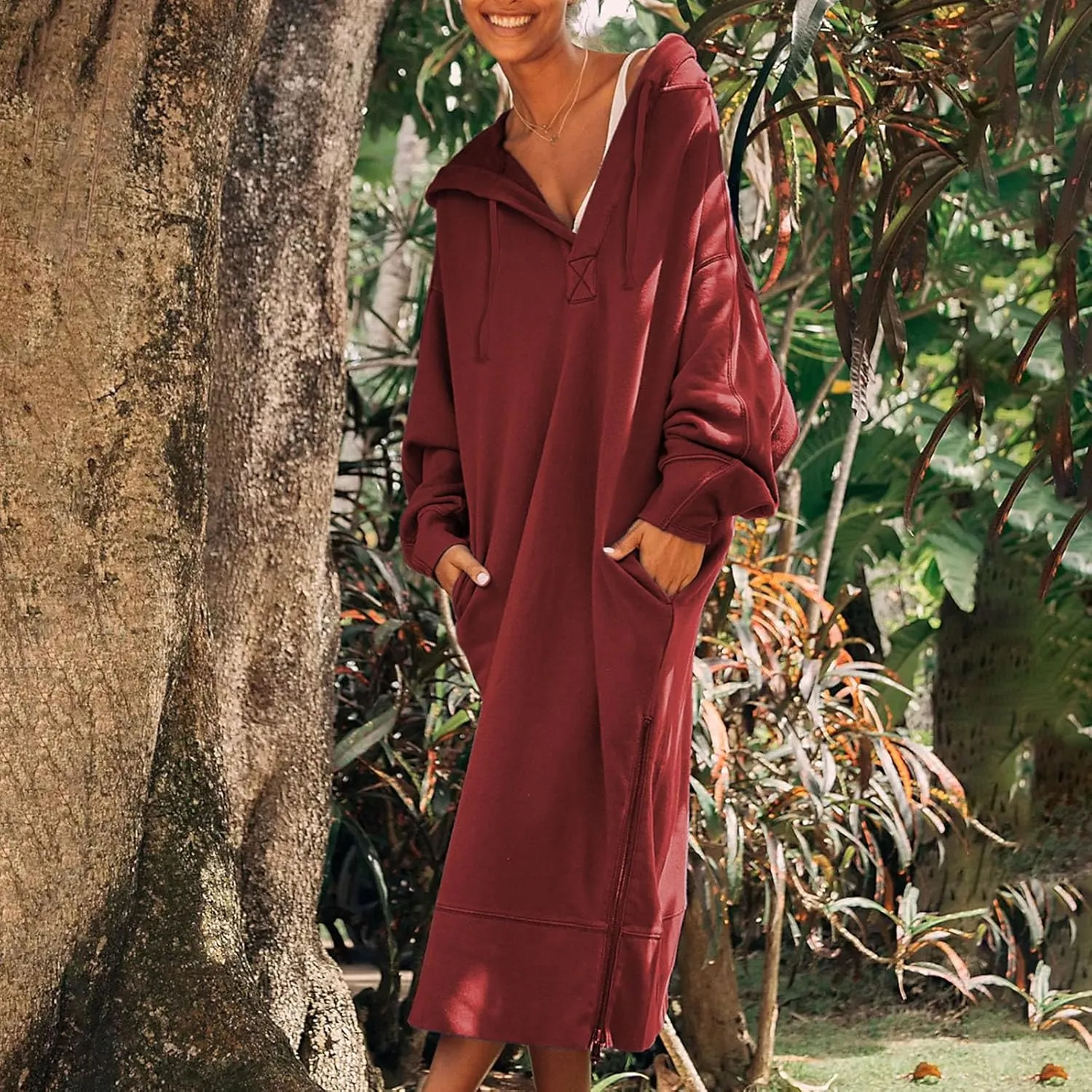 Maxi Sweatshirts for Women Fall Calf Length Oversized Hoodies Zipper Side Slit Long Sweatshirt Dresses with Pockets