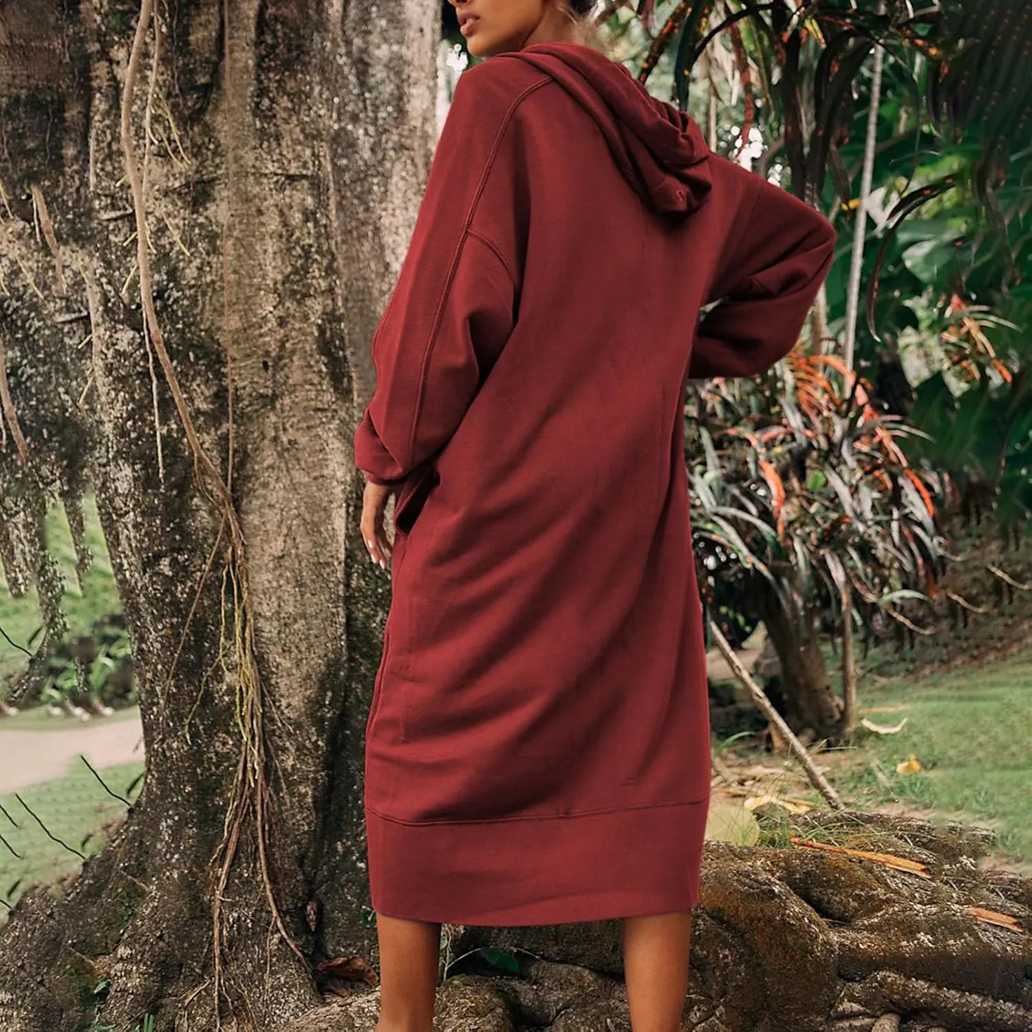Maxi Sweatshirts for Women Fall Calf Length Oversized Hoodies Zipper Side Slit Long Sweatshirt Dresses with Pockets