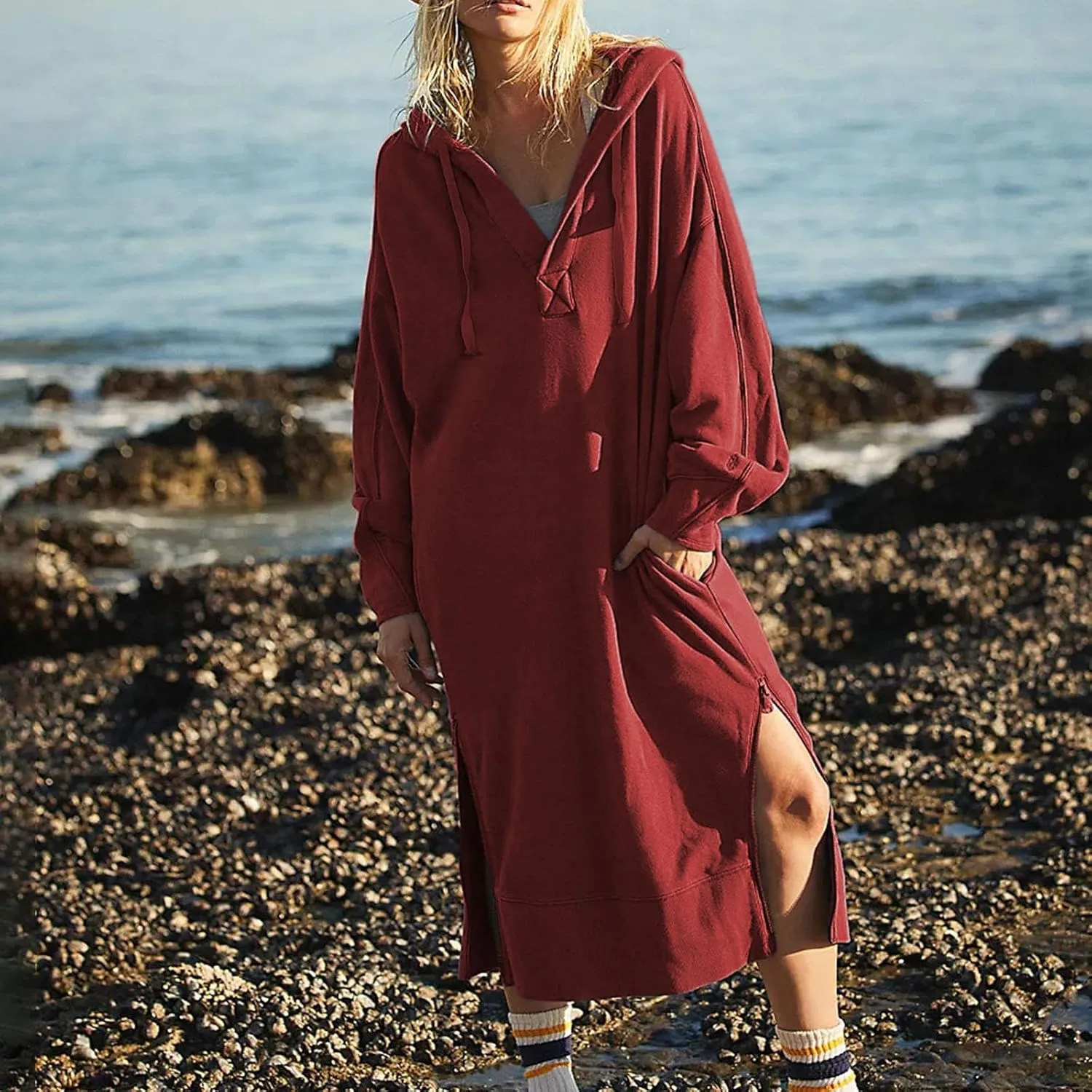 Maxi Sweatshirts for Women Fall Calf Length Oversized Hoodies Zipper Side Slit Long Sweatshirt Dresses with Pockets