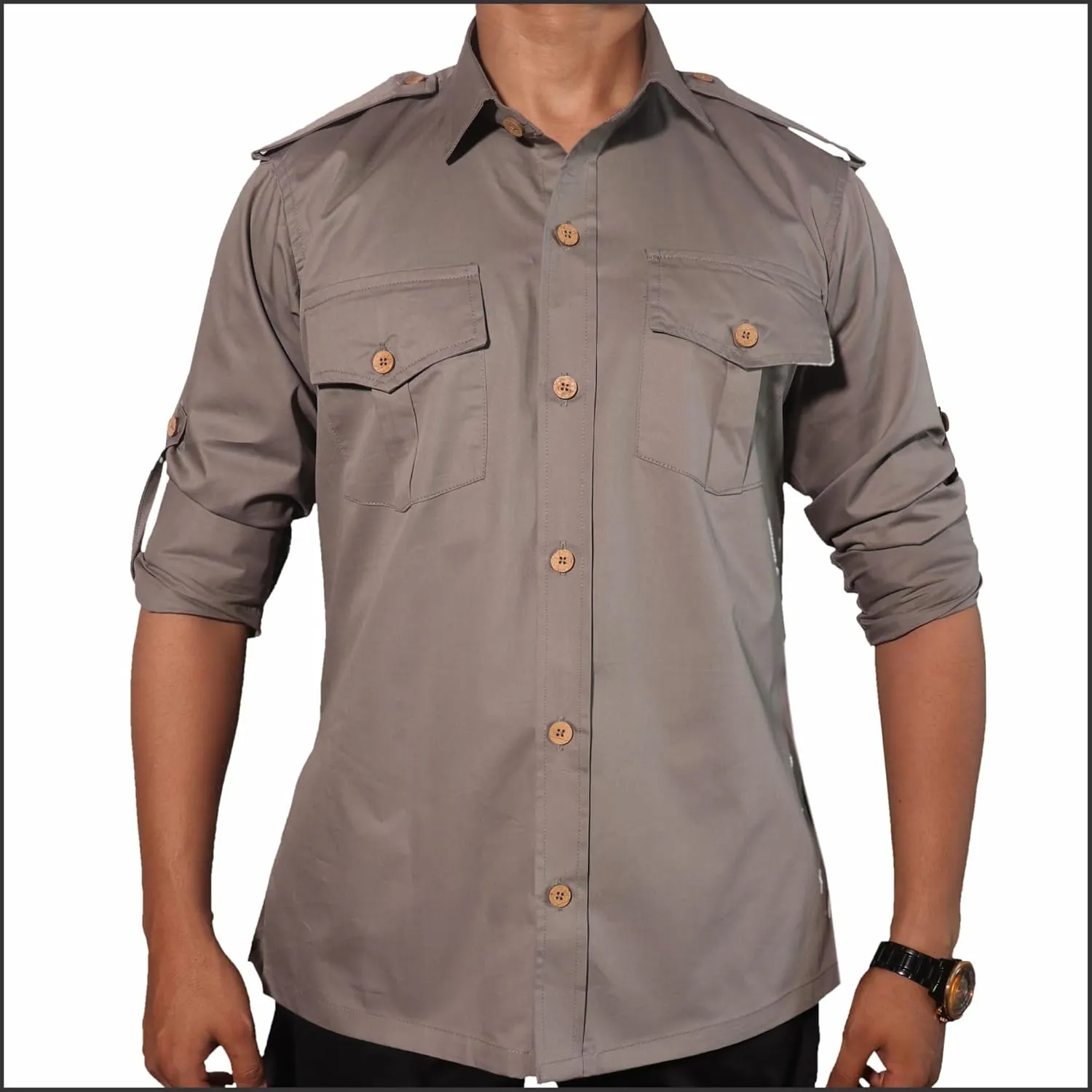 Men's Cotton 2 Pocket Hunting Safari Shirt with Coconut Shell Buttons Quick Dry Hiking Travel Fishing Long Sleeve Cargo Style