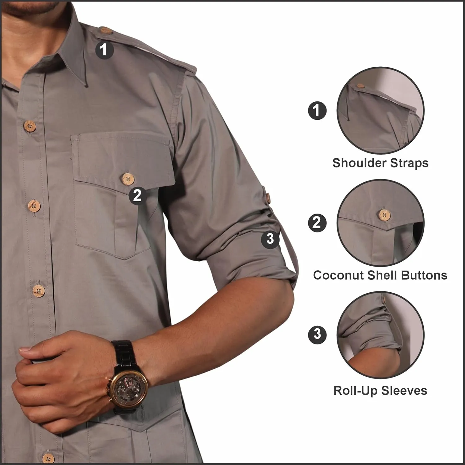 Men's Cotton 2 Pocket Hunting Safari Shirt with Coconut Shell Buttons Quick Dry Hiking Travel Fishing Long Sleeve Cargo Style