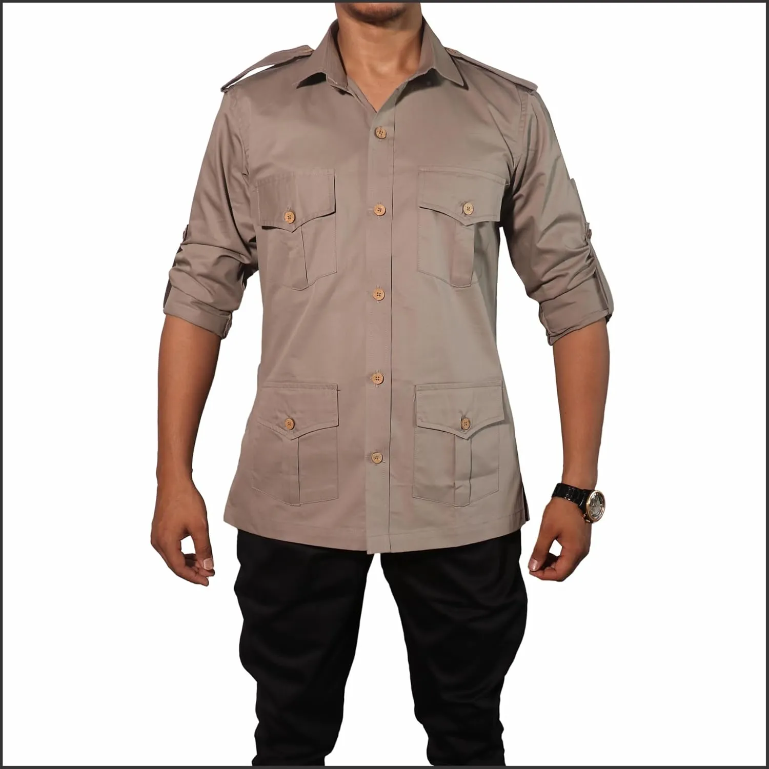 Men's Cotton 2 Pocket Hunting Safari Shirt with Coconut Shell Buttons Quick Dry Hiking Travel Fishing Long Sleeve Cargo Style