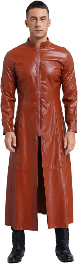 Mens Gothic Leather Trench Coat Autumn Winter Long Coat Leather Coat Faux Leather Jacket Outwear