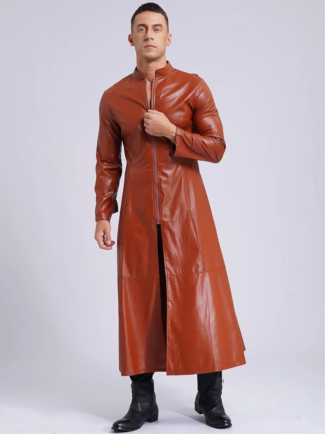 Mens Gothic Leather Trench Coat Autumn Winter Long Coat Leather Coat Faux Leather Jacket Outwear