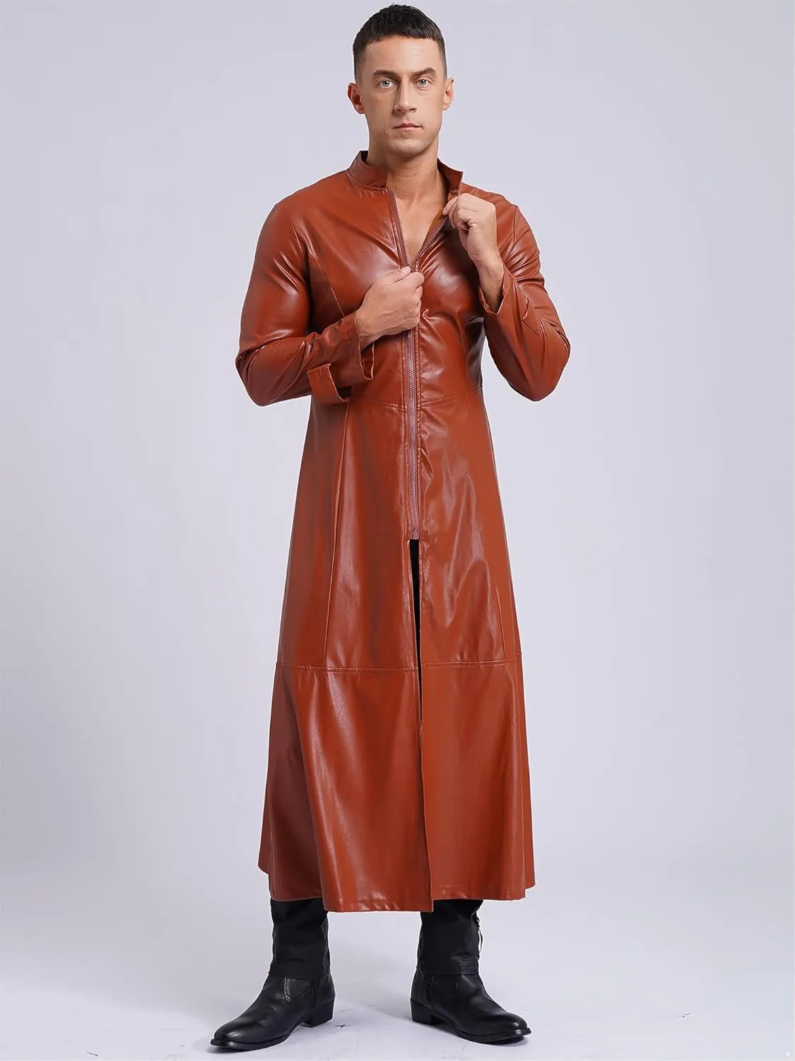 Mens Gothic Leather Trench Coat Autumn Winter Long Coat Leather Coat Faux Leather Jacket Outwear