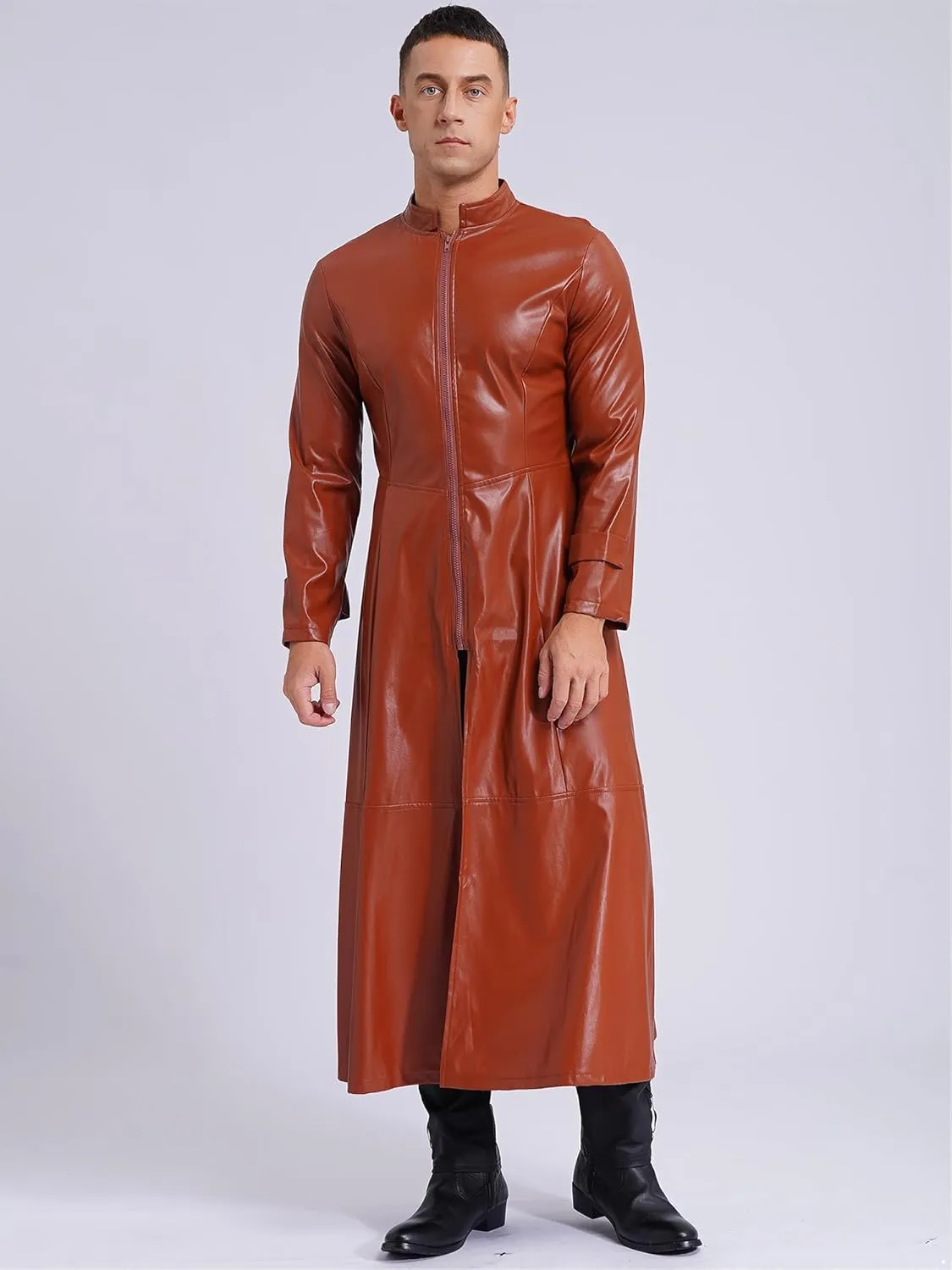 Mens Gothic Leather Trench Coat Autumn Winter Long Coat Leather Coat Faux Leather Jacket Outwear