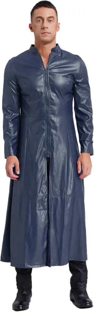 Mens Gothic Leather Trench Coat Autumn Winter Long Coat Leather Coat Faux Leather Jacket Outwear