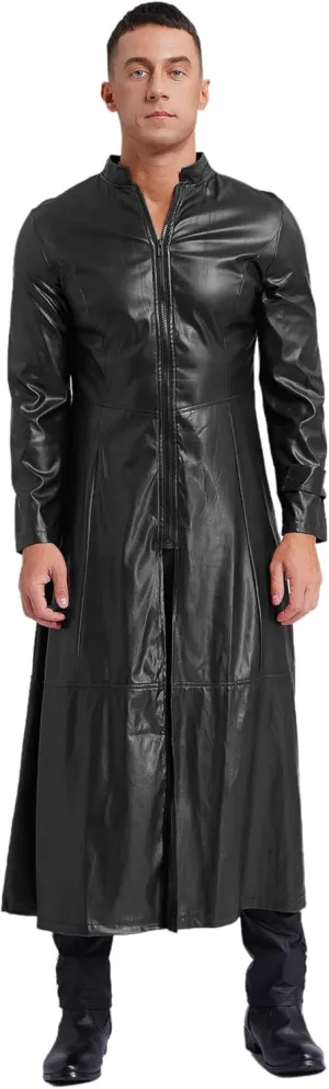 Mens Gothic Leather Trench Coat Autumn Winter Long Coat Leather Coat Faux Leather Jacket Outwear