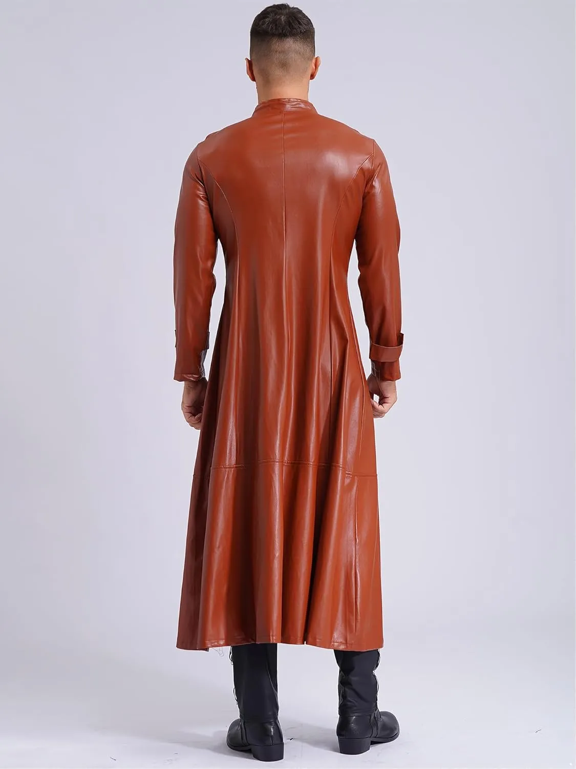 Mens Gothic Leather Trench Coat Autumn Winter Long Coat Leather Coat Faux Leather Jacket Outwear