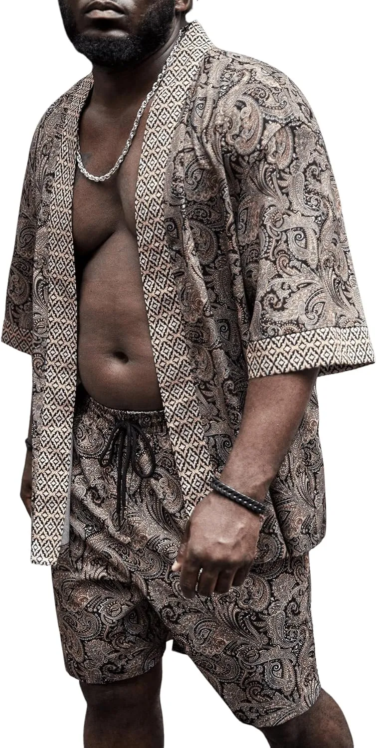 Men's Plus Size Hawaiian Matching Set Paisley Print Short Sleeve Kimono and Drawstring Waist Shorts Sets