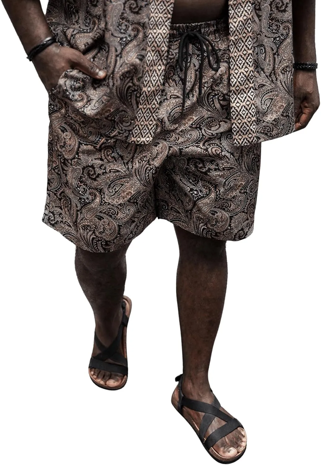 Men's Plus Size Hawaiian Matching Set Paisley Print Short Sleeve Kimono and Drawstring Waist Shorts Sets