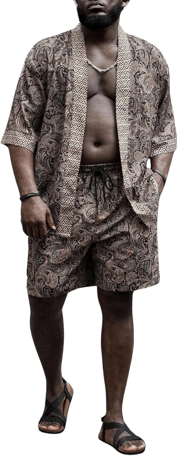 Men's Plus Size Hawaiian Matching Set Paisley Print Short Sleeve Kimono and Drawstring Waist Shorts Sets