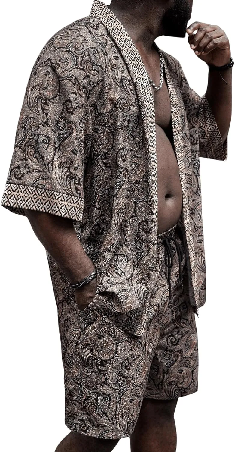 Men's Plus Size Hawaiian Matching Set Paisley Print Short Sleeve Kimono and Drawstring Waist Shorts Sets