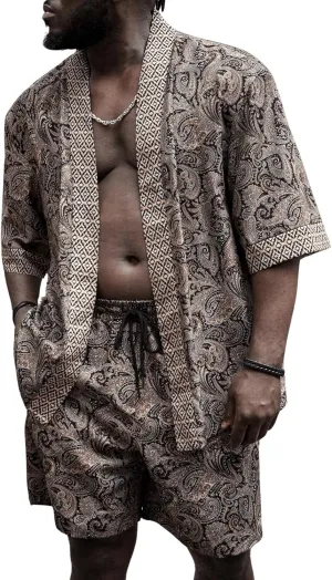 Men's Plus Size Hawaiian Matching Set Paisley Print Short Sleeve Kimono and Drawstring Waist Shorts Sets